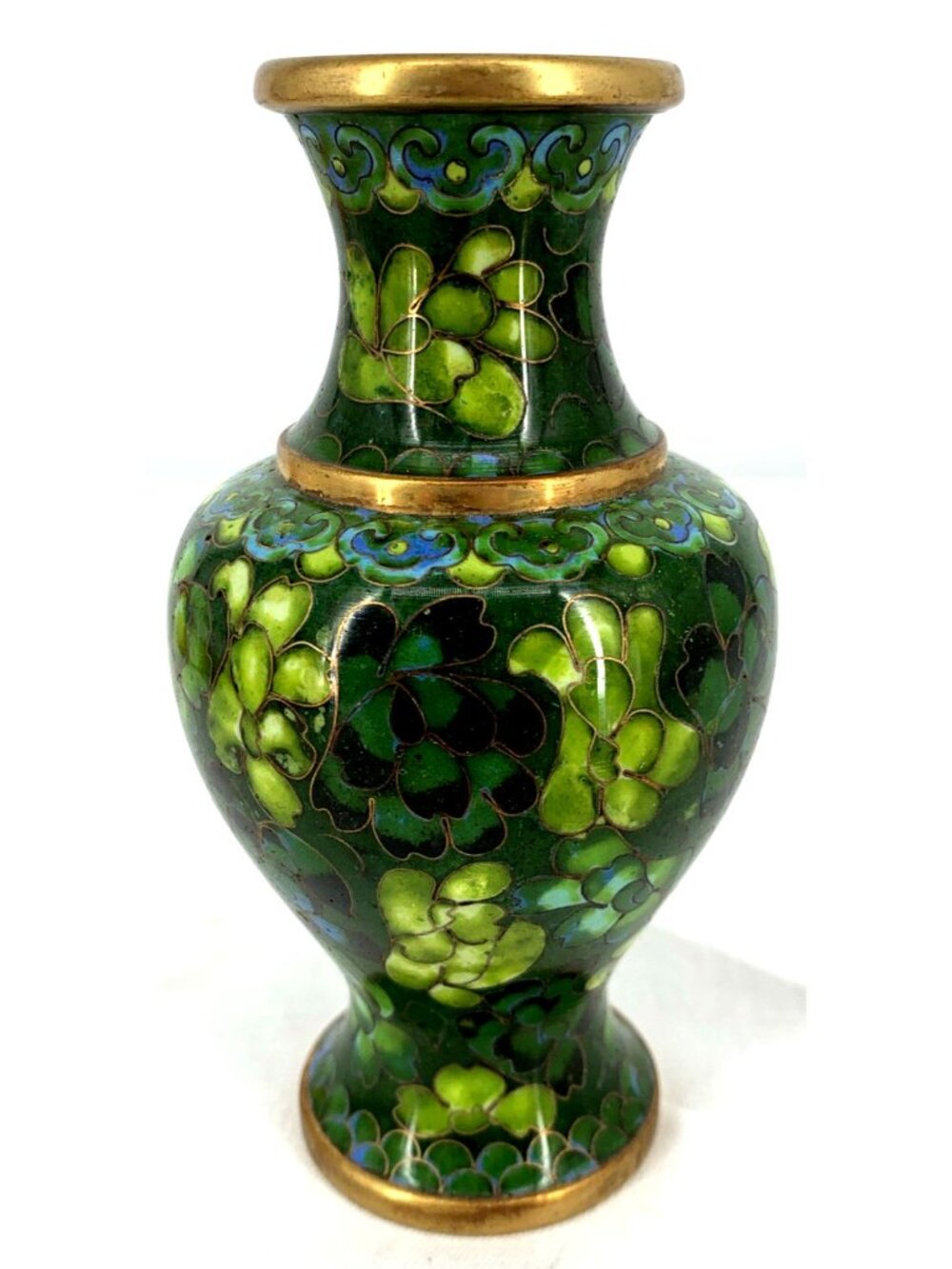 Cloisonne Vase Green Floral 5" Enamel over Brass Vintage - Picture 4 of 6